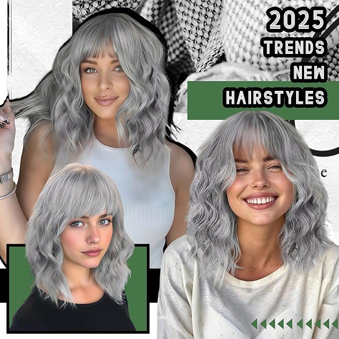 Nnzes Short Wavy Bob Wig with Bangs for Women Shoulder Length Curly Salt-and-Pepper Synthetic Heat-Resistant Fiber Hair for Daily & Party Use