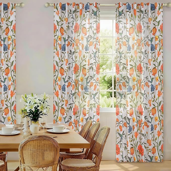 White Floral Linen Curtains, Boho Whimsical Bird Print Curtains - Image 6