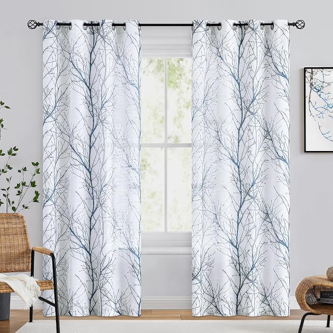 FMFUNCTEX Linen Blue White Semi Sheer Print Curtains 96 Inch Long 2 Panels | - Image 2