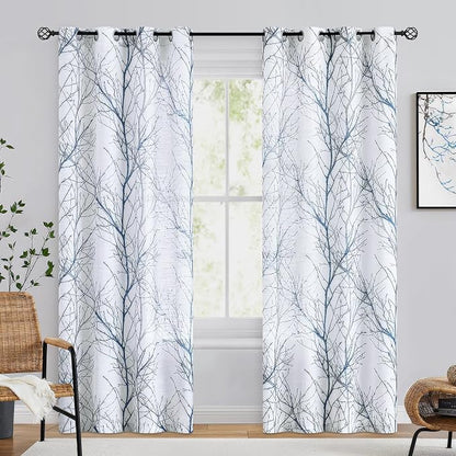 FMFUNCTEX Linen Blue White Semi Sheer Print Curtains 96 Inch Long 2 Panels | - Image 2
