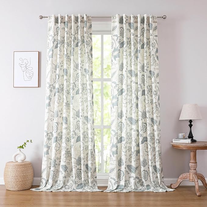 Kayne Studio Blue Grey Floral Botanical Rod Pocket Light Filtering Curtains | by KayneStudio