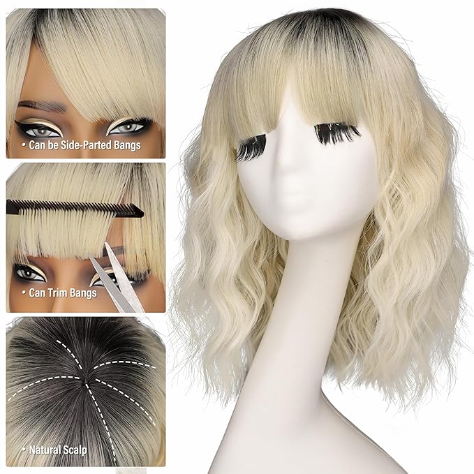 Nnzes Short Wavy Bob Wig with Bangs for Women Shoulder Length Curly Ombre Blonde Synthetic Heat-Resistant Fiber Hair for Daily & Party Use