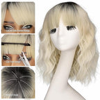 Nnzes Short Wavy Bob Wig with Bangs for Women Shoulder Length Curly Ombre Blonde Synthetic Heat-Resistant Fiber Hair for Daily & Party Use