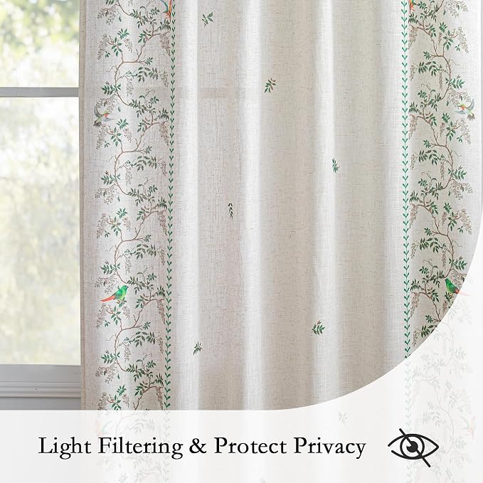 MYSKY HOME Boho Curtains for Living Room Linen Blend Leaf Bird Printed Curtains - Image 3