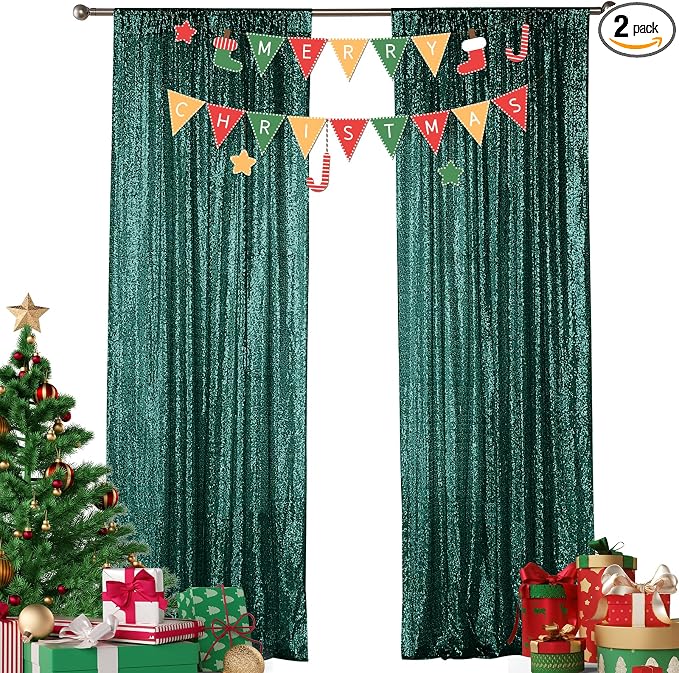 Sugargirl Dark Green Sequin Backdrop Curtain 2 Panels 2FTx8FT Glitter Dark by Sugargirl