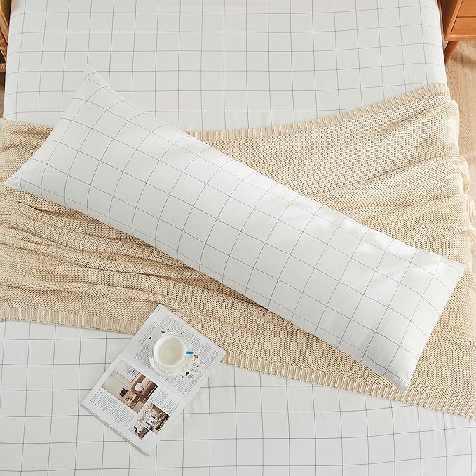 JELLYMONI 100% Natural Cotton Plaid Body Pillowcase, 1 Pack White Checkered Pattern Printed Pillow Covers with Envelope Closure (Pillows are not Included)