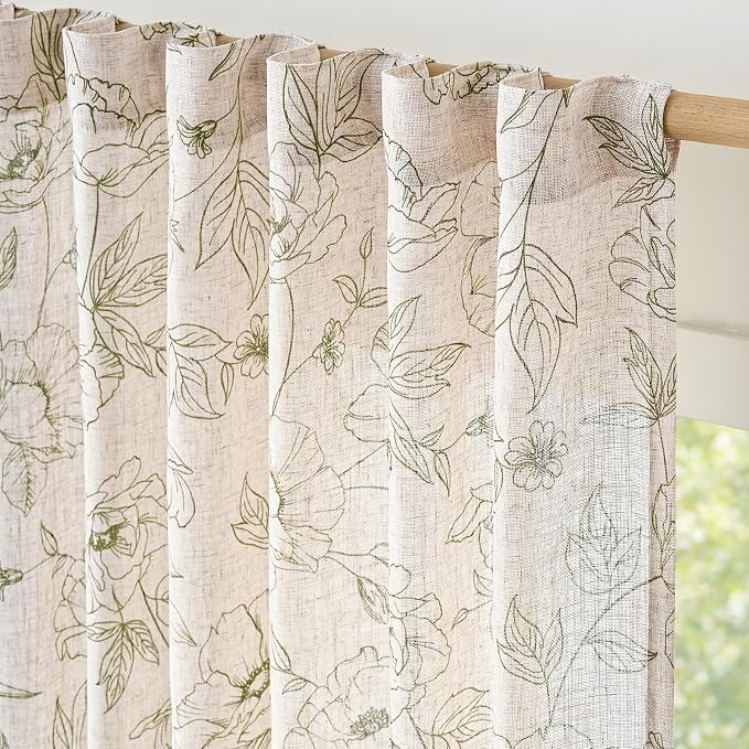 jinchan Floral Linen Curtains for Living Room 96 Inch Length Green Flower - Image 5