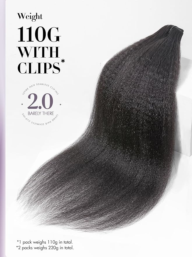 LUVME Invisible Clip in Hair Extensions, Kinky Straight Real Human Hair Remy Hair Clip ins for Women, Natural Human Hair, 22 inch 110g 7Pcs, Natural Black