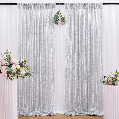 Silver Sequin Backdrop Curtains Party Photo Glitter Drapes 2 Pcs 2FTx8FT | by B-COOL