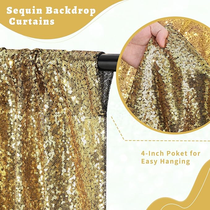Black Gold Sequin Curtains Backdrop 6 Pcs 2FTx8FT Shiny Shimmer Fabric | - Image 3