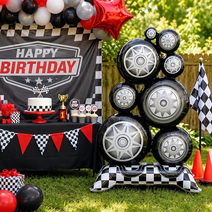2Pcs Self Standing Racing Tire Balloon/Giant 3.5Ft Black White Checkered - Image 3