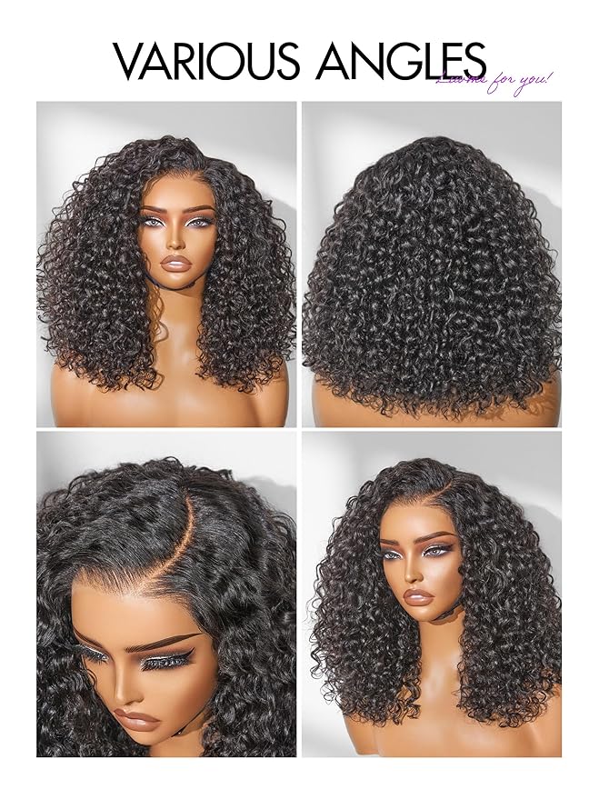 LUVME HAIR 100% Human Hair Wigs Curly Deep Wave Glueless Lace Front 16 Inches, Pre Cut Plucked Hd Lace Short Wig Ready To Go Natural Color Straight Bleached Knots Side Part Black Wigs