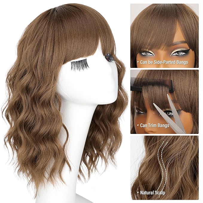Nnzes Wig Bangs Light Brown Short Wavy Hair for Women Natural Looking Heat Resistant Bob Wigs with Synthetic Wig for Daily Party Use