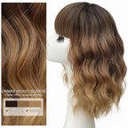Nnzes Short Wavy Bob Wig with Bangs for Women Shoulder Length Curly Ombre Brown Blonde Synthetic Heat-Resistant Fiber Hair for Daily & Party Use