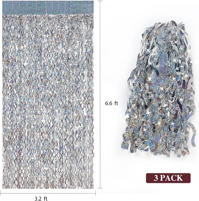 Silver Tinsel Backdrop- CYLMFC 3 Pack 3.3 ft x 6.6 ft Streamer Foil Fringe - Image 3