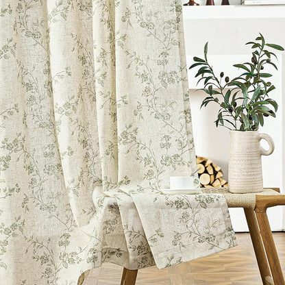 Green Vintage Floral Linen Curtains Farmhouse 50W X 90L 2 Panels | Elisa Series - Image 8