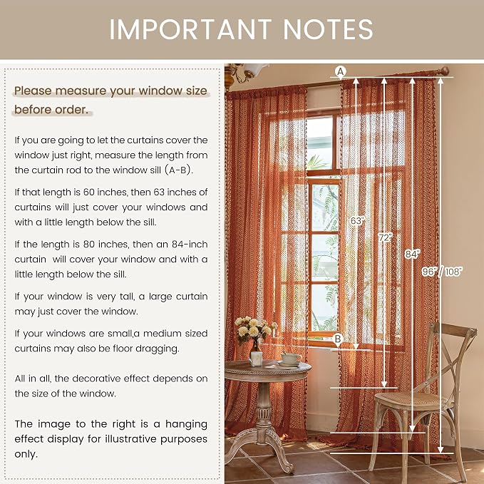 WAZZIO Boho Lace Curtains 102 Inches 2 Panel, Light Filtering Privacy Tassel & - Image 8