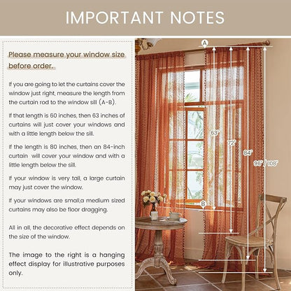 WAZZIO Boho Lace Curtains 102 Inches 2 Panel, Light Filtering Privacy Tassel & - Image 8
