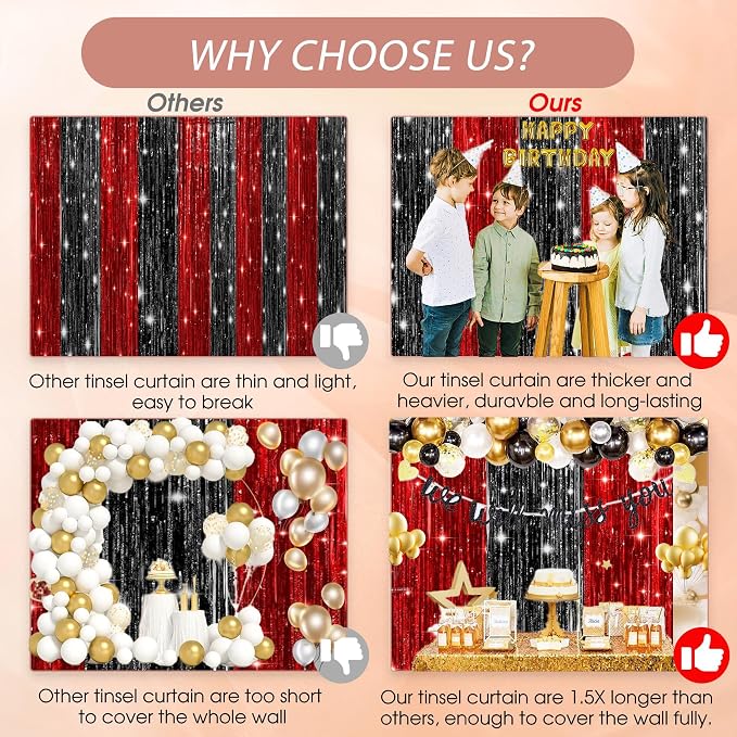 3 Pack Black and Red Backdrop Party Decorations Tinsel Curtain Party Backdrop - Image 3
