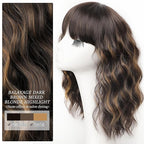 Nnzes Wig with Bangs for Women Shoulder Length Bob Wavy Women's Charming Synthetic Brown mixed Blonde Highlight Wigs with Natural Curly Heat Resistant Hair for Daily Party Use