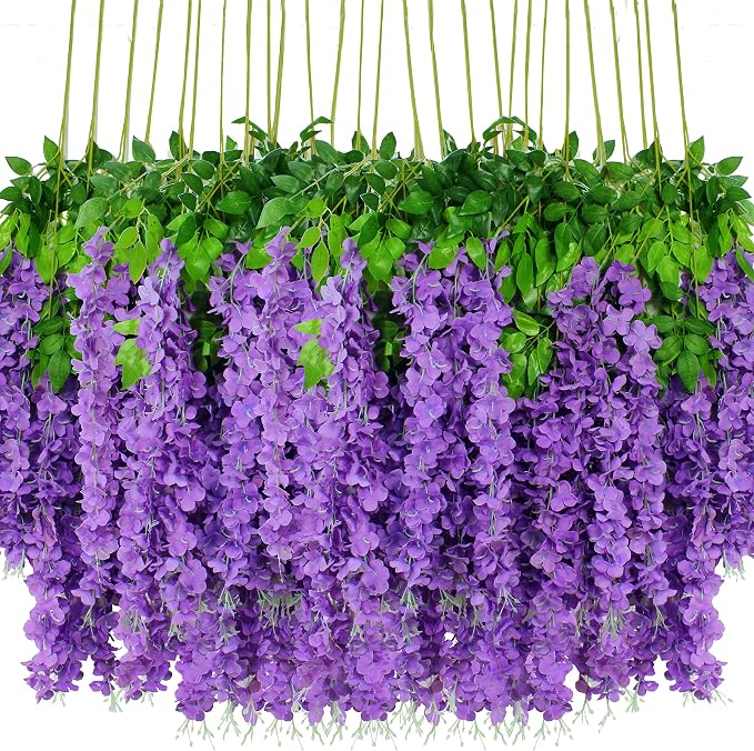 Wisteria Hanging Flowers 24 Pack Artificial Flowers Fake Wisteria Vine Rattan by HanYun