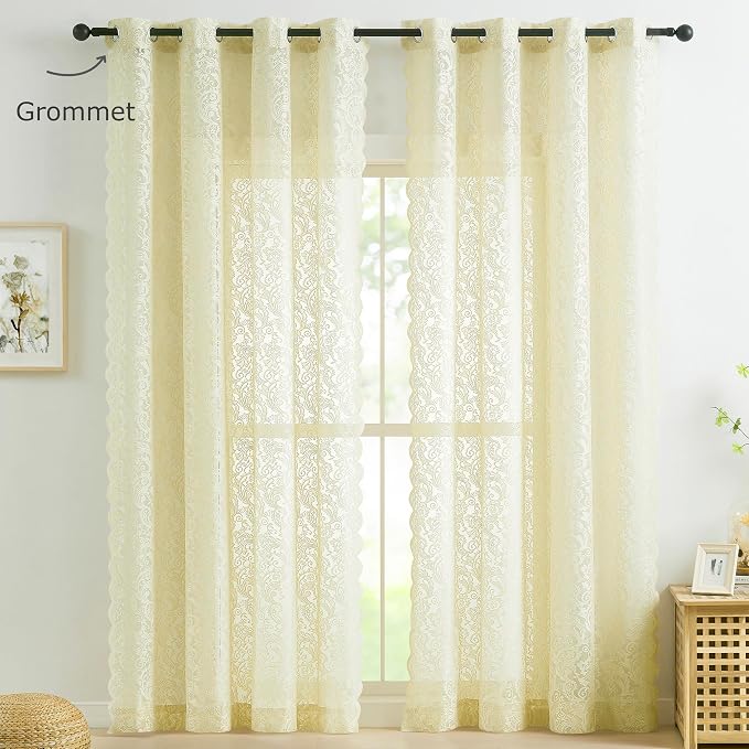 Bujasso Lace Sheer Curtains Ivory Grommet Top 2 Panels 54" Wx84 L | Vintage - Image 7