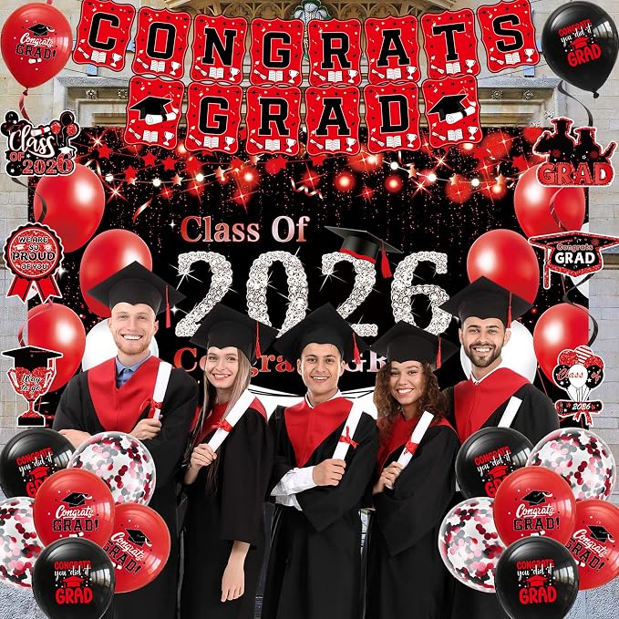 DARUNAXY Black Red Graduation Party Decorations, 2026 Congrats Grad Honeycomb - Image 6