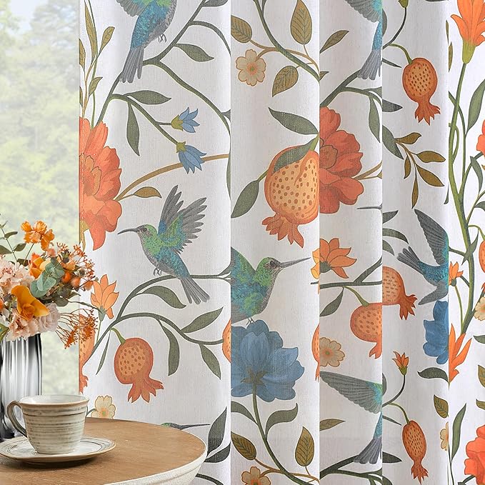White Floral Linen Curtains, Boho Whimsical Bird Print Curtains by JOOJA