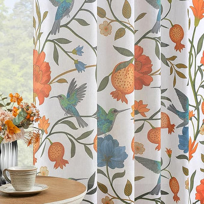White Floral Linen Curtains, Boho Whimsical Bird Print Curtains by JOOJA