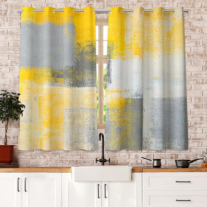Yellow Window Curtain Yellow Grey Abstract Thermal Insulating Drapes Rust Art - Image 5