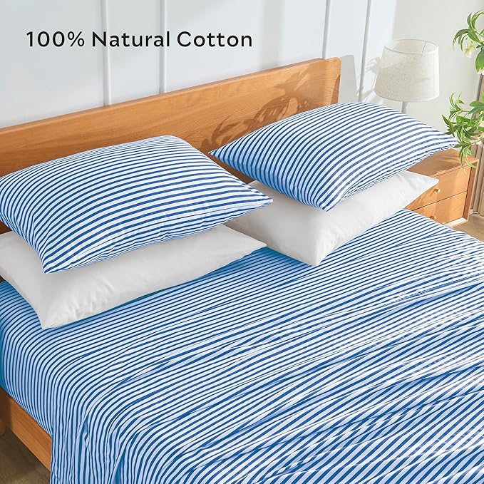 JELLYMONI 100% Natural Cotton Striped King Pillowcases Set, 2 Pack White and Blue Stripes Pattern Printed Pillow Covers with Envelope Closure(Pillows are not Included)