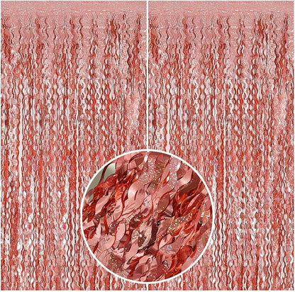 BOMSI Rose Gold Tinsel Foil Fringe Curtains Wavy Backdrop by BOMSI