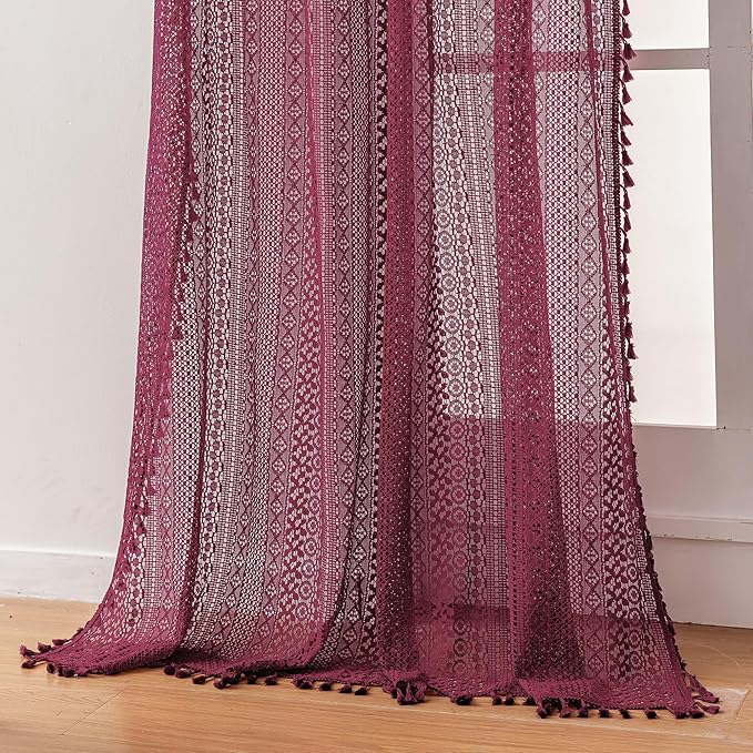 WAZZIO Boho Lace Curtains 84 Inches 2 Panel, Light Filtering Privacy Tassel & by WAZZIO