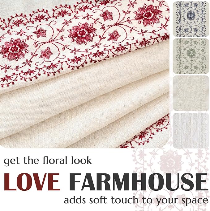 jinchan Floral Linen Curtains Embroidered Back Tab 50x84in 2 Panels Red | Light - Image 5