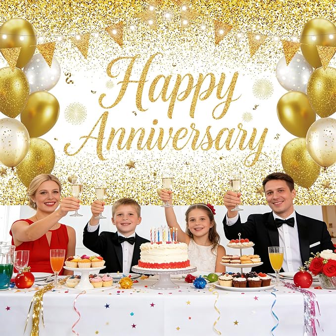 White Gold Happy Anniversary Banner Large Backdrop Decorations, Church or Work - Image 6
