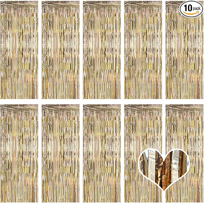 10 Pack Champagne Gold Backdrop Curtain 3.2ft x 8.2ft Metallic Tinsel Foil by Ohiyoo