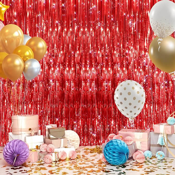 GCB 2 Pack Red Tinsel Backdrop, Fringe Curtains, Wedding Photo Backdrop Party - Image 6