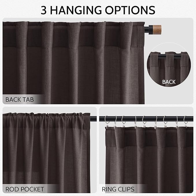 Cocoa Coffee Linen Blend Light Filtering Back Tab Curtains 96 Inches Long - Image 3