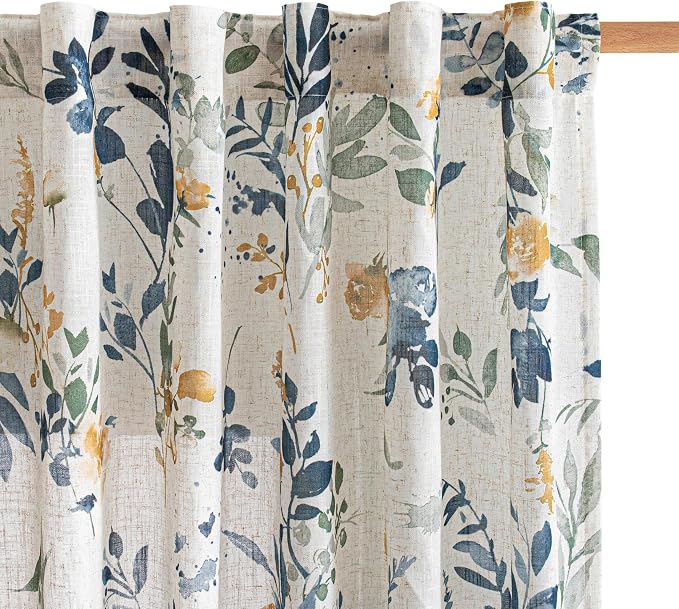 MYSKY HOME Linen Floral Kitchen Curtains 45 inch Length 2 Panels Set Over Sink by MYSKYHOME