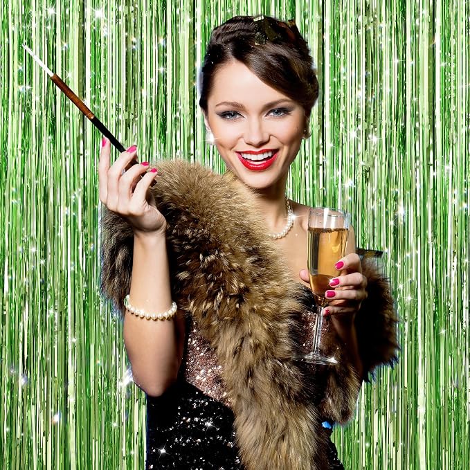 GCB 2Pack Light Green Foil Curtain Backdrop Green Metallic Tinsel Foil Fringe - Image 2