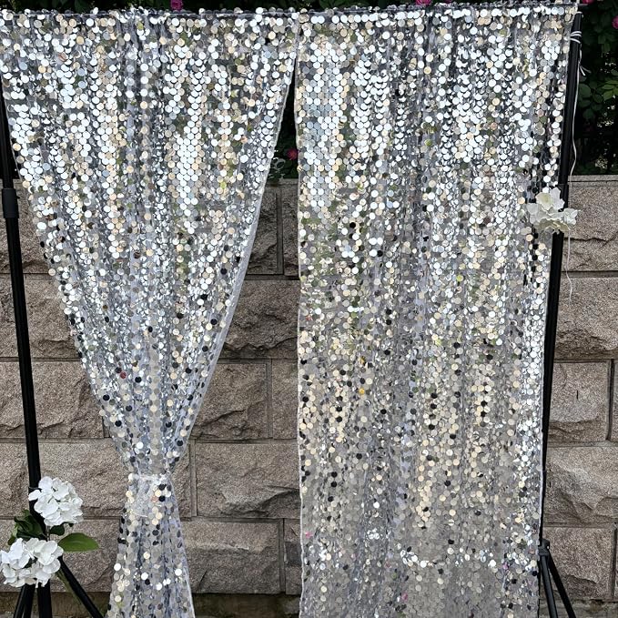 Silver Sequin Backdrop 18MM Large Sequins, 4x10 Feet, 2 Panel Glitter Sparkler - Image 6