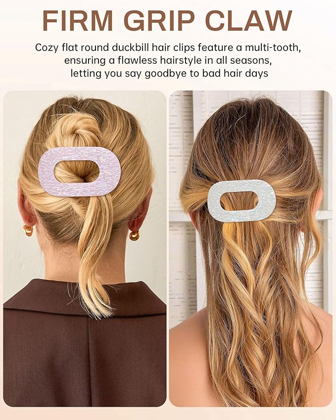 Mesovor 4 Pack French Flat Hair Clips for Women, 3.74" Nonslip Stylish Round Duckbill Lay Flat Hair Claw | Side Slide Volume Flat Hairclips for Lying Down, Yoga, Driving (Mermaid Crack)