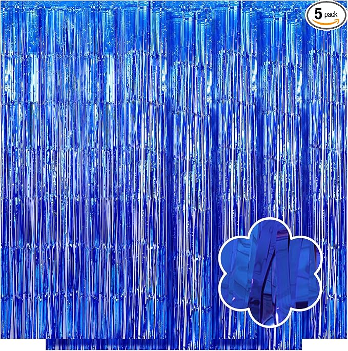 5 Pack Blue Foil Curtain Backdrop 3.2ft x 9.8ft Metallic Tinsel Foil Fringe by Ohiyoo