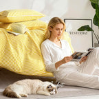 JELLYMONI 100% Natural Cotton Striped King Pillowcases Set, 2 Pack Bright Yellow Stripes Pattern Printed Pillow Covers with Envelope Closure(Pillows are not Included)