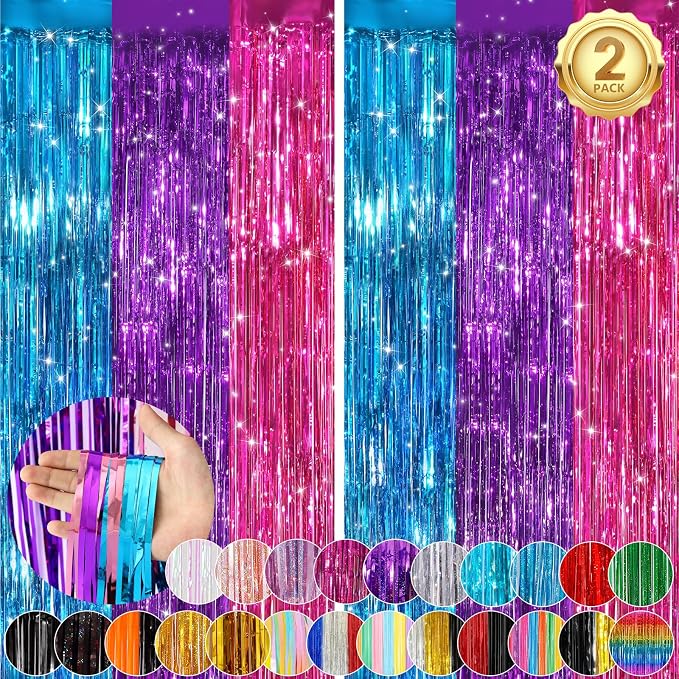 Rainbow Fringe Curtain Party Streamers 2Pack 3.3x8.3 Ft Foil Fringe Backdrop by UWPVOWSR