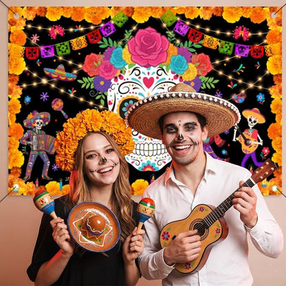 Day of The Dead Backdrop 59x39in Floral Sugar Skull Banner | Washable polyester - Image 5