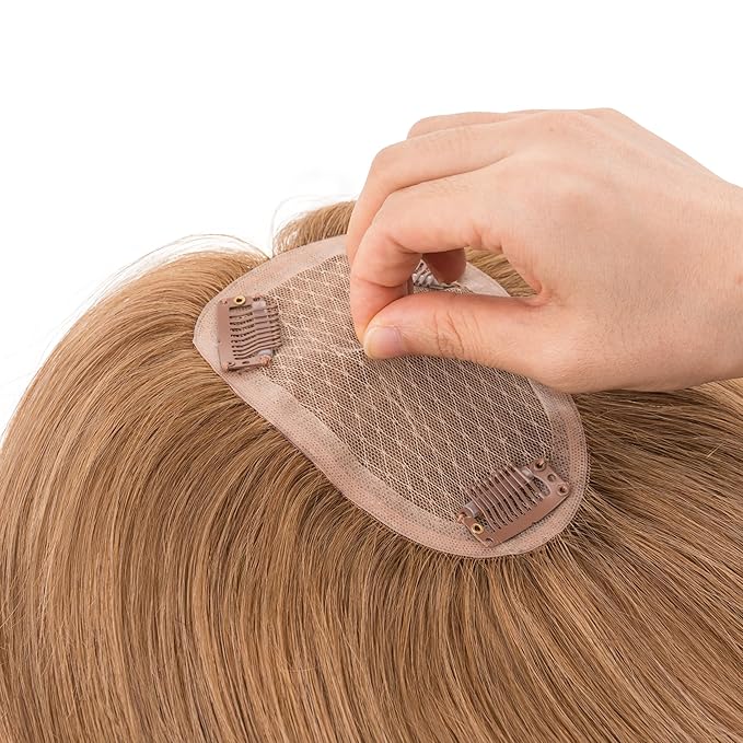 Hairro Human Hair Toppers Free Parted, 3.5x4.7" Base Hand-wovened 100% Real Hairpieces, with Invisible Clips-in for Women, for High Hairline/Adding Volume on Top, 14 Inch Blondish Brown