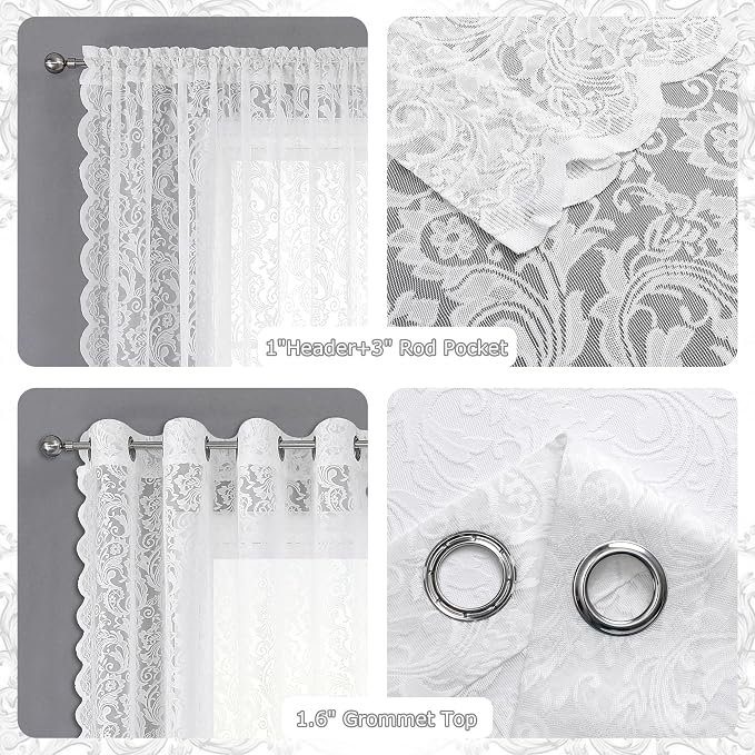 Bujasso White Sheer Lace Curtains 54 inch Vintage Floral Short Curtain Panels - Image 5
