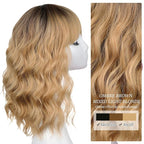Nnzes Blonde with Light Brown Wig with Bangs for Women Shoulder Length Bob Wavy Charming Synthetic Wigs with Natural Curly Heat Resistant Hair