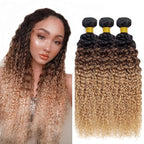 Ombre Bundles Human Hair Ombre Kinky Curly Bundle Niegmeag Peruvian Virgin Soft and Silky Remy Hair 3 Bundles 12 14 16 Inch 3 Tone Black and Honey Blonde Curly Bundle